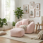 Poltrona con poggiapiedi in tessuto Teddy, comoda poltrona lounge e pouf per soggiorno, camera da letto o angolo lettura