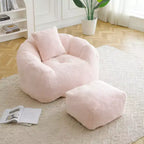 Poltrona con poggiapiedi in tessuto Teddy, comoda poltrona lounge e pouf per soggiorno, camera da letto o angolo lettura