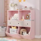 Toy Storage Organizer, 2 Set 7-Cubby Large Pink Kids Wood Bookcase with 3 Drawers, 3-Tier Toy Cabinet