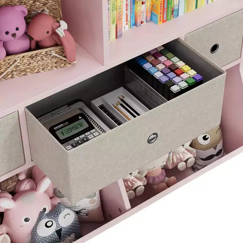 Organizer per giocattoli, libreria in legno per bambini rosa grande a 7 scomparti con 3 cassetti, armadietto per giocattoli a 3 ripiani (2 pezzi)