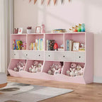 Organizer per giocattoli, libreria in legno per bambini rosa grande a 7 scomparti con 3 cassetti, armadietto per giocattoli a 3 ripiani (2 pezzi)