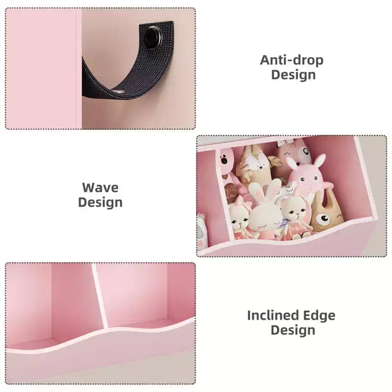 Organizer per giocattoli, libreria in legno per bambini rosa grande a 7 scomparti con 3 cassetti, armadietto per giocattoli a 3 ripiani (2 pezzi)