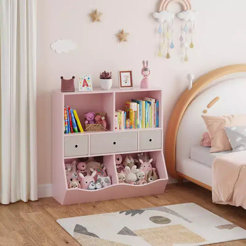 Organizer per giocattoli, libreria in legno per bambini rosa grande a 7 scomparti con 3 cassetti, armadietto per giocattoli a 3 ripiani (2 pezzi)