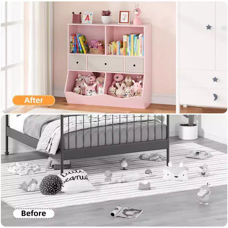 Organizer per giocattoli, libreria in legno per bambini rosa grande a 7 scomparti con 3 cassetti, armadietto per giocattoli a 3 ripiani (2 pezzi)