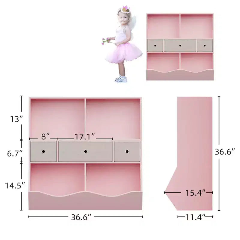 Organizer per giocattoli, libreria in legno per bambini rosa grande a 7 scomparti con 3 cassetti, armadietto per giocattoli a 3 ripiani (2 pezzi)