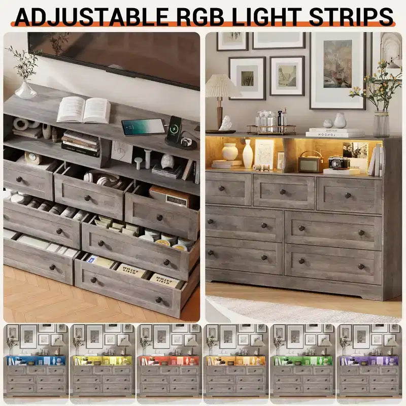 Cassettiera in Legno a 7 Cassetti con Stazione di Ricarica USB e Luci a LED - Comò Moderno con 2 Scomparti Aperti per Camera da Letto, Soggiorno, Armadio o Camera dei Bambini
