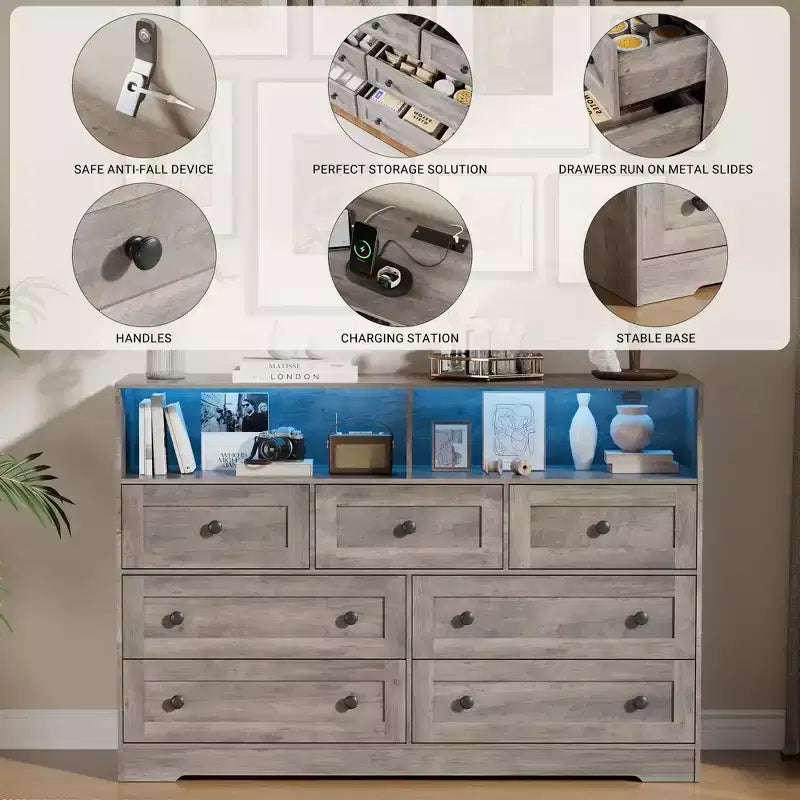 Cassettiera in Legno a 7 Cassetti con Stazione di Ricarica USB e Luci a LED - Comò Moderno con 2 Scomparti Aperti per Camera da Letto, Soggiorno, Armadio o Camera dei Bambini