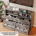 Cassettiera in Legno a 7 Cassetti con Stazione di Ricarica USB e Luci a LED - Comò Moderno con 2 Scomparti Aperti per Camera da Letto, Soggiorno, Armadio o Camera dei Bambini