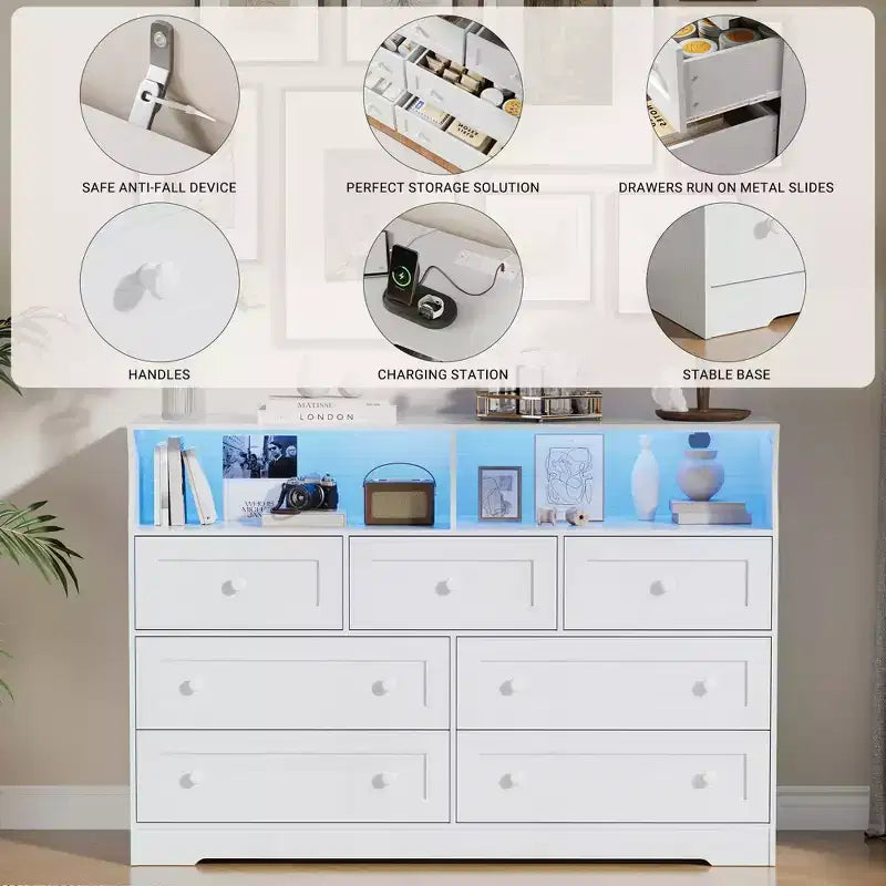 Cassettiera in Legno a 7 Cassetti con Stazione di Ricarica USB e Luci a LED - Comò Moderno con 2 Scomparti Aperti per Camera da Letto, Soggiorno, Armadio o Camera dei Bambini