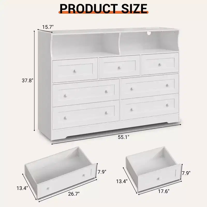 Cassettiera in Legno a 7 Cassetti con Stazione di Ricarica USB e Luci a LED - Comò Moderno con 2 Scomparti Aperti per Camera da Letto, Soggiorno, Armadio o Camera dei Bambini