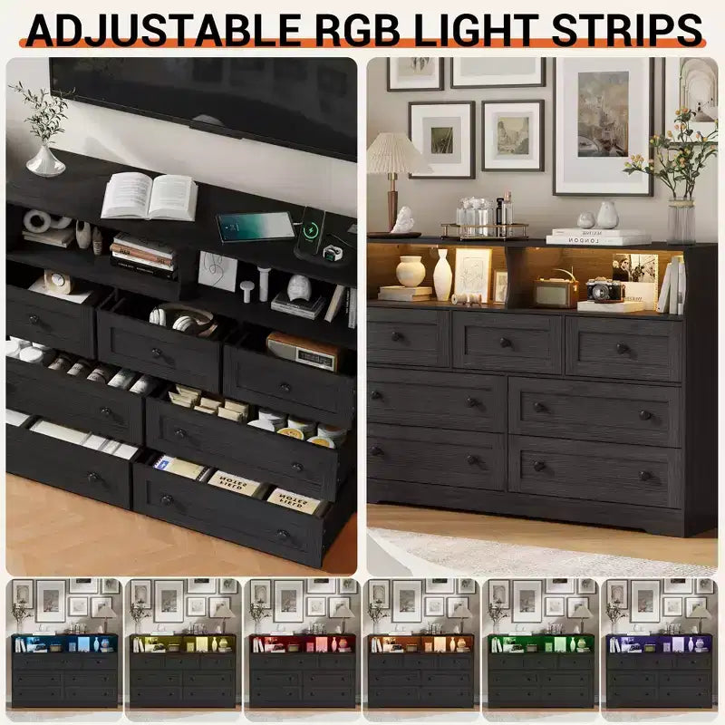 Cassettiera in Legno a 7 Cassetti con Stazione di Ricarica USB e Luci a LED - Comò Moderno con 2 Scomparti Aperti per Camera da Letto, Soggiorno, Armadio o Camera dei Bambini