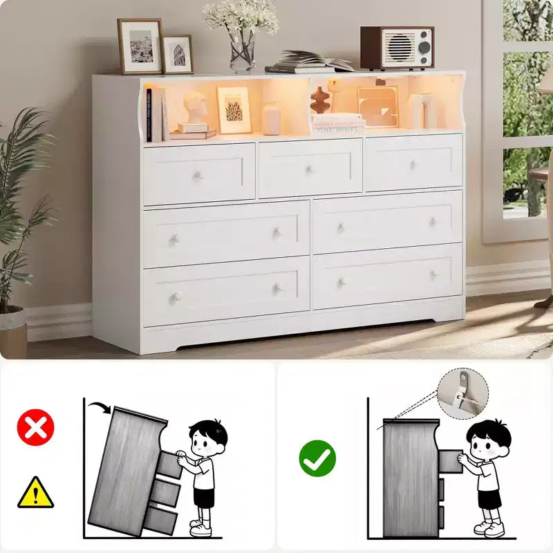 Cassettiera in Legno a 7 Cassetti con Stazione di Ricarica USB e Luci a LED - Comò Moderno con 2 Scomparti Aperti per Camera da Letto, Soggiorno, Armadio o Camera dei Bambini