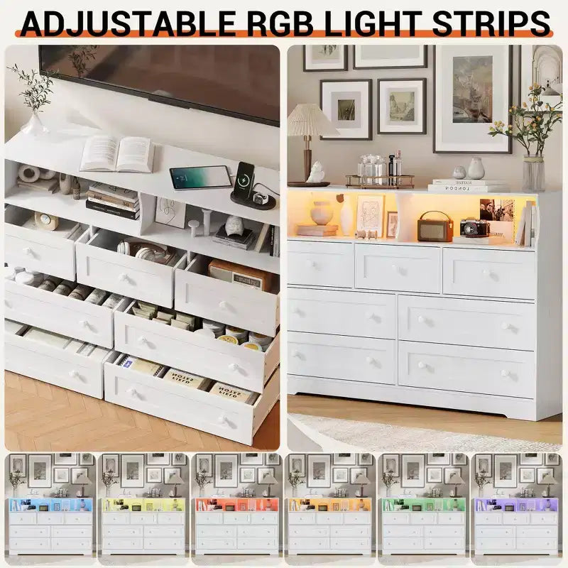 Cassettiera in Legno a 7 Cassetti con Stazione di Ricarica USB e Luci a LED - Comò Moderno con 2 Scomparti Aperti per Camera da Letto, Soggiorno, Armadio o Camera dei Bambini