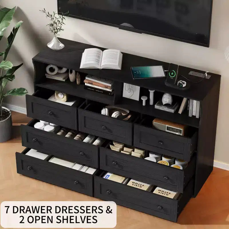 Cassettiera in Legno a 7 Cassetti con Stazione di Ricarica USB e Luci a LED - Comò Moderno con 2 Scomparti Aperti per Camera da Letto, Soggiorno, Armadio o Camera dei Bambini