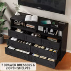 Cassettiera in Legno a 7 Cassetti con Stazione di Ricarica USB e Luci a LED - Comò Moderno con 2 Scomparti Aperti per Camera da Letto, Soggiorno, Armadio o Camera dei Bambini
