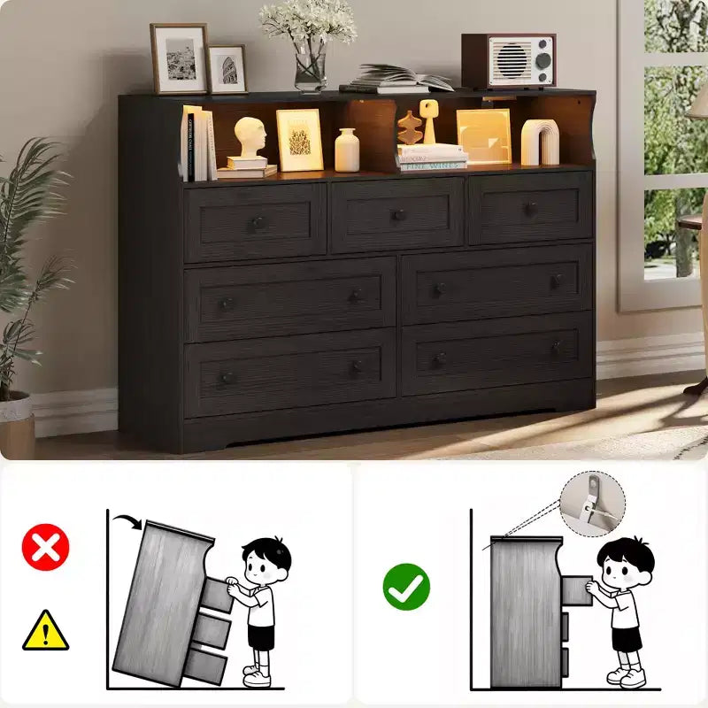 Cassettiera in Legno a 7 Cassetti con Stazione di Ricarica USB e Luci a LED - Comò Moderno con 2 Scomparti Aperti per Camera da Letto, Soggiorno, Armadio o Camera dei Bambini
