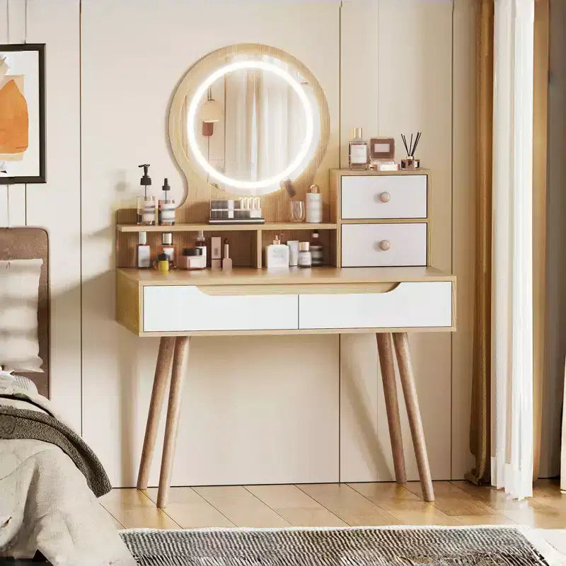 Makeup Vanity with LED Lights, 4 Drawers & 3 Shelves, Solid Wood Frame