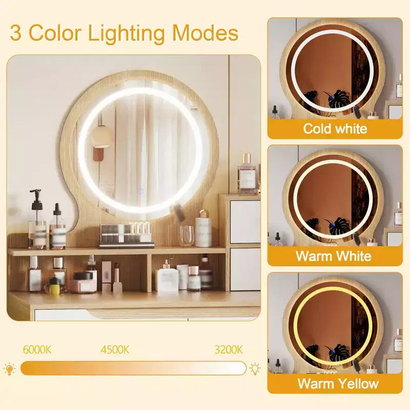 Toeletta Trucco con Luci LED, 4 Cassetti e 3 Ripiani, Struttura in Legno Massello