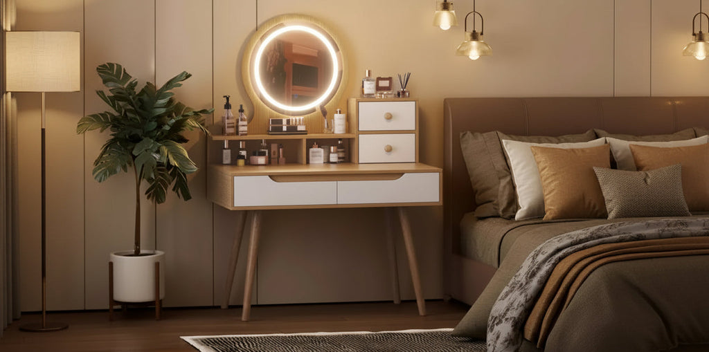 Toeletta Trucco con Luci LED, 4 Cassetti e 3 Ripiani, Struttura in Legno Massello