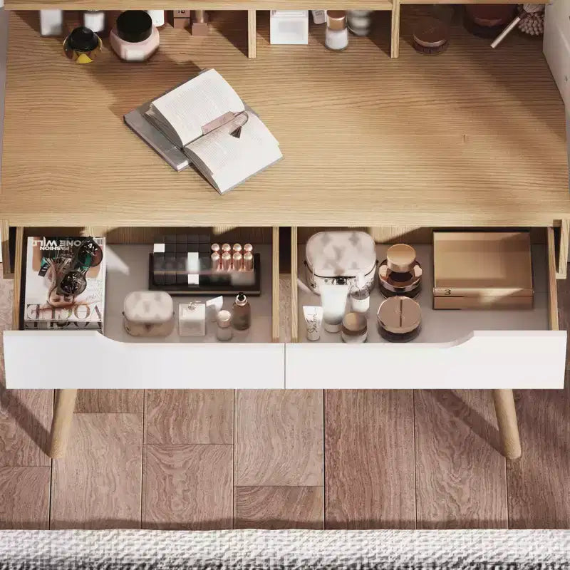 Toeletta Trucco con Luci LED, 4 Cassetti e 3 Ripiani, Struttura in Legno Massello