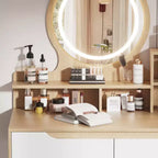 Toeletta Trucco con Luci LED, 4 Cassetti e 3 Ripiani, Struttura in Legno Massello