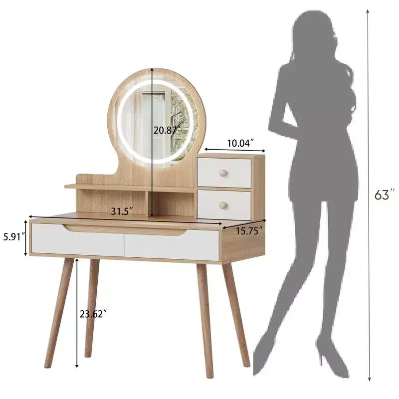 Toeletta Trucco con Luci LED, 4 Cassetti e 3 Ripiani, Struttura in Legno Massello