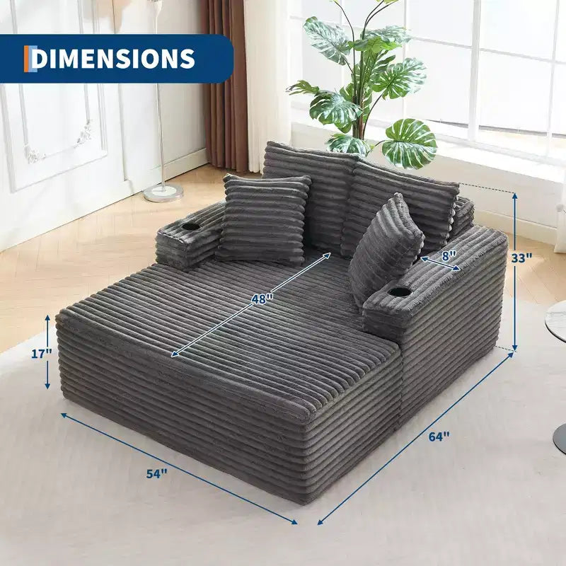 Poltrona chaise longue da interno 64, divano letto senza struttura imbottito in velluto a coste con 2 cuscini e 2 portabicchieri, nessun assemblaggio, divano letto profondo