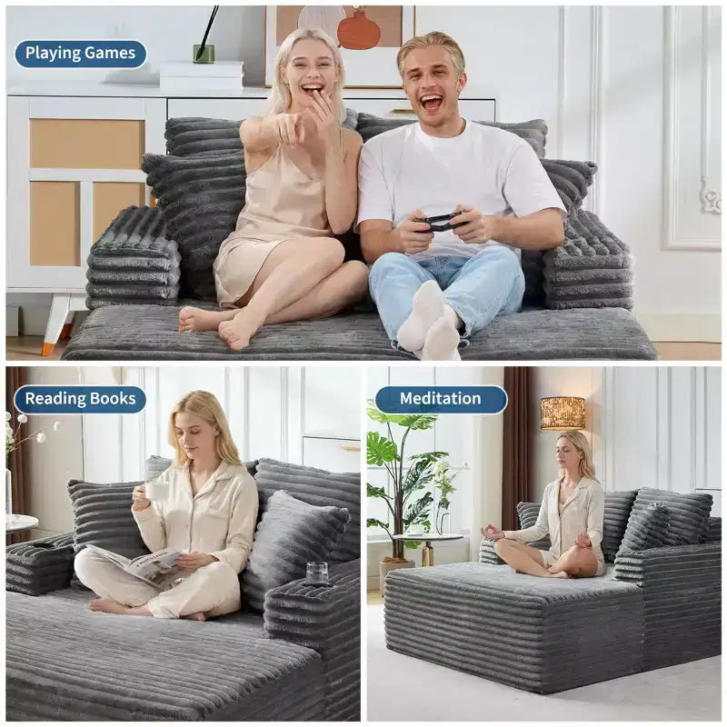 Poltrona chaise longue da interno 64, divano letto senza struttura imbottito in velluto a coste con 2 cuscini e 2 portabicchieri, nessun assemblaggio, divano letto profondo
