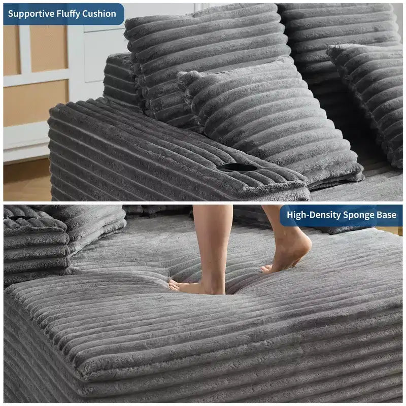 Poltrona chaise longue da interno 64, divano letto senza struttura imbottito in velluto a coste con 2 cuscini e 2 portabicchieri, nessun assemblaggio, divano letto profondo