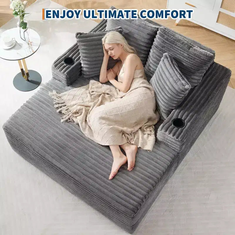 Poltrona chaise longue da interno 64, divano letto senza struttura imbottito in velluto a coste con 2 cuscini e 2 portabicchieri, nessun assemblaggio, divano letto profondo