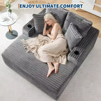 Poltrona chaise longue da interno 64, divano letto senza struttura imbottito in velluto a coste con 2 cuscini e 2 portabicchieri, nessun assemblaggio, divano letto profondo