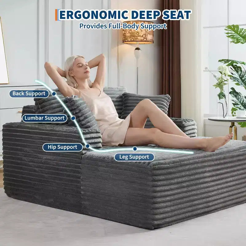 Poltrona chaise longue da interno 64, divano letto senza struttura imbottito in velluto a coste con 2 cuscini e 2 portabicchieri, nessun assemblaggio, divano letto profondo