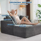 Poltrona chaise longue da interno 64, divano letto senza struttura imbottito in velluto a coste con 2 cuscini e 2 portabicchieri, nessun assemblaggio, divano letto profondo