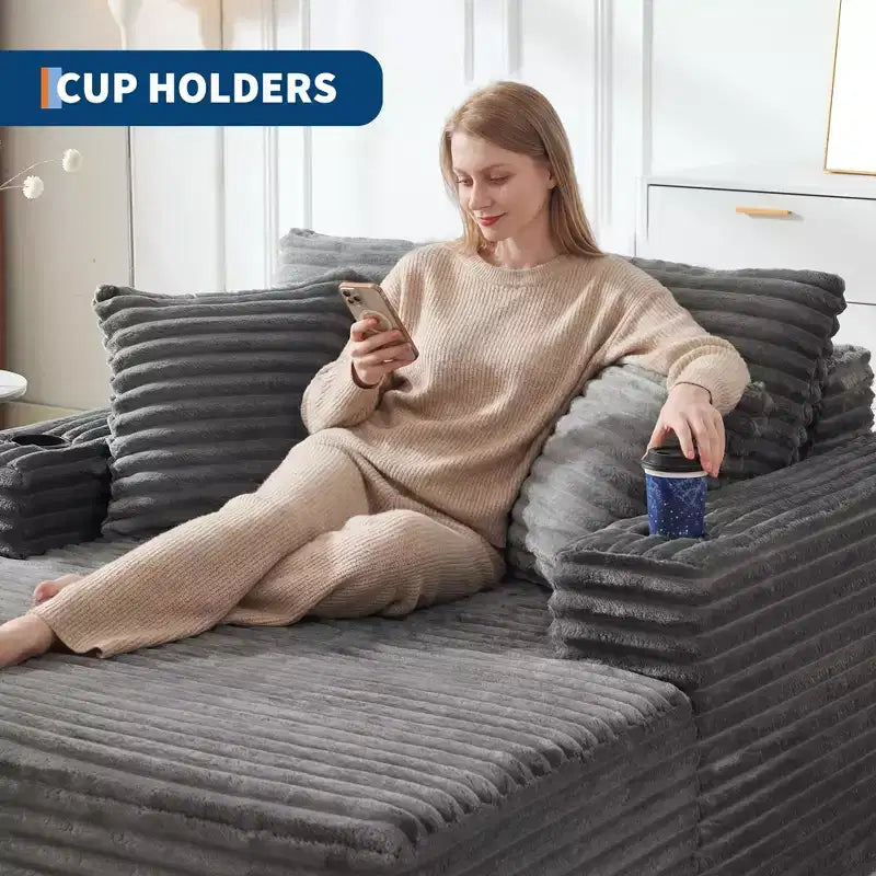 Poltrona chaise longue da interno 64, divano letto senza struttura imbottito in velluto a coste con 2 cuscini e 2 portabicchieri, nessun assemblaggio, divano letto profondo
