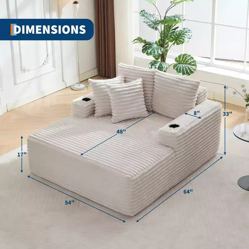 Poltrona chaise longue da interno 64, divano letto senza struttura imbottito in velluto a coste con 2 cuscini e 2 portabicchieri, nessun assemblaggio, divano letto profondo