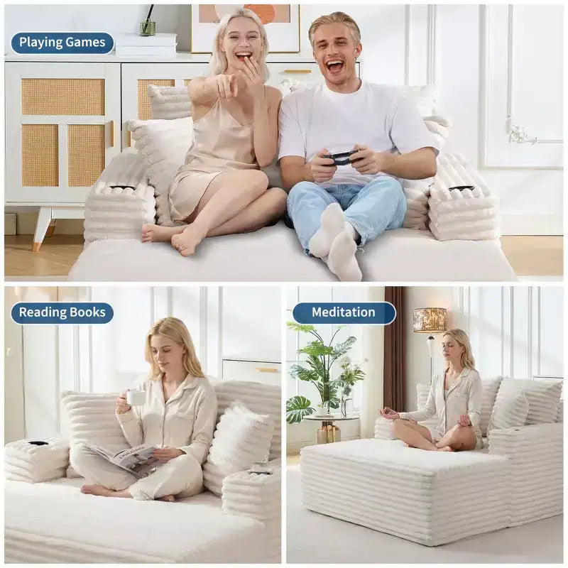 Poltrona chaise longue da interno 64, divano letto senza struttura imbottito in velluto a coste con 2 cuscini e 2 portabicchieri, nessun assemblaggio, divano letto profondo
