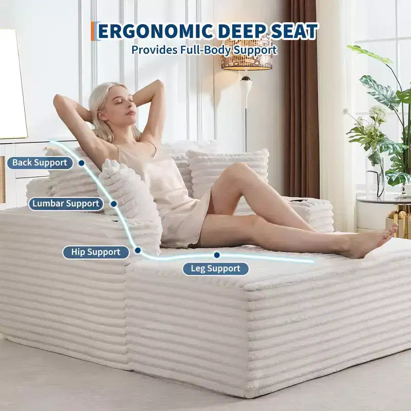 Poltrona chaise longue da interno 64, divano letto senza struttura imbottito in velluto a coste con 2 cuscini e 2 portabicchieri, nessun assemblaggio, divano letto profondo