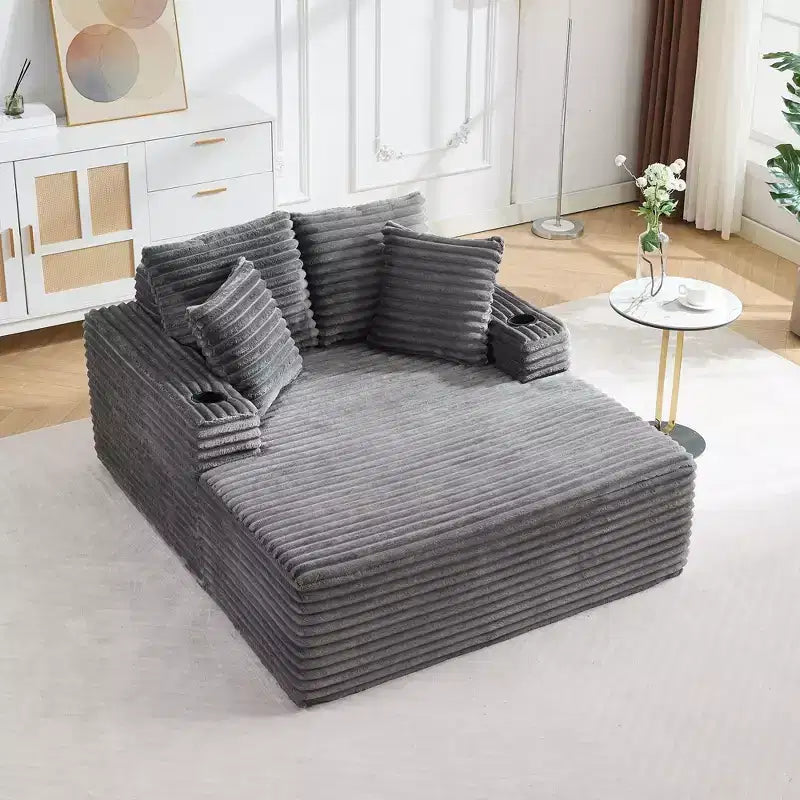 Poltrona chaise longue da interno 64, divano letto senza struttura imbottito in velluto a coste con 2 cuscini e 2 portabicchieri, nessun assemblaggio, divano letto profondo