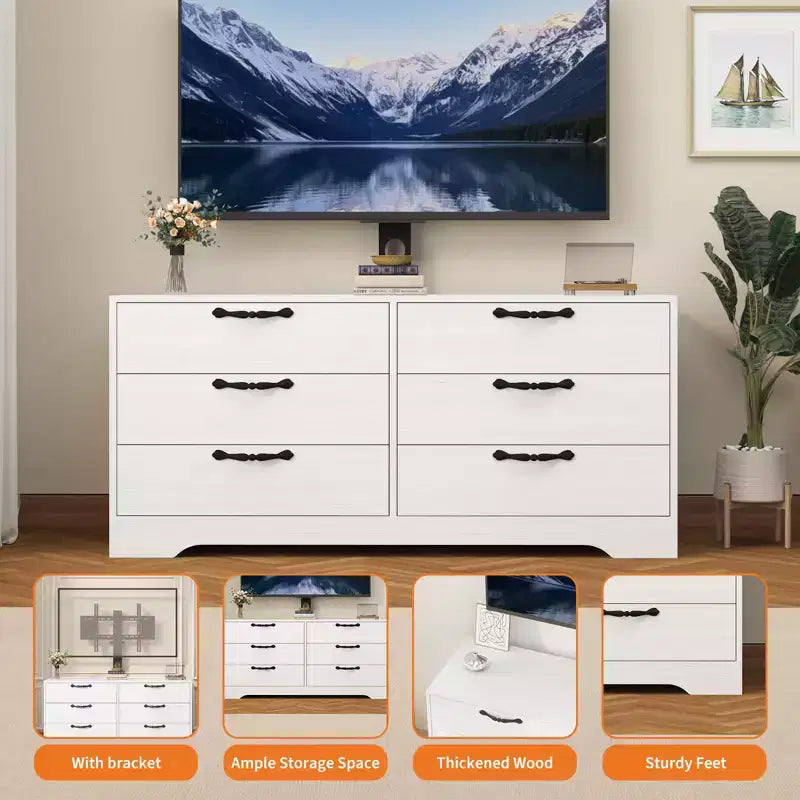 Mobile TV moderno da 63" con supporto per TV da 75 pollici, console multimediale regolabile in altezza a 6 cassetti, centro di intrattenimento robusto in MDF per soggiorno, camera da letto