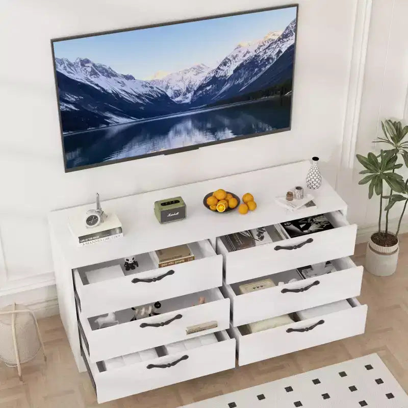 Mobile TV moderno da 63" con supporto per TV da 75 pollici, console multimediale regolabile in altezza a 6 cassetti, centro di intrattenimento robusto in MDF per soggiorno, camera da letto