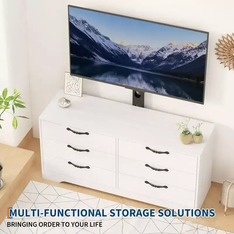 Mobile TV moderno da 63" con supporto per TV da 75 pollici, console multimediale regolabile in altezza a 6 cassetti, centro di intrattenimento robusto in MDF per soggiorno, camera da letto