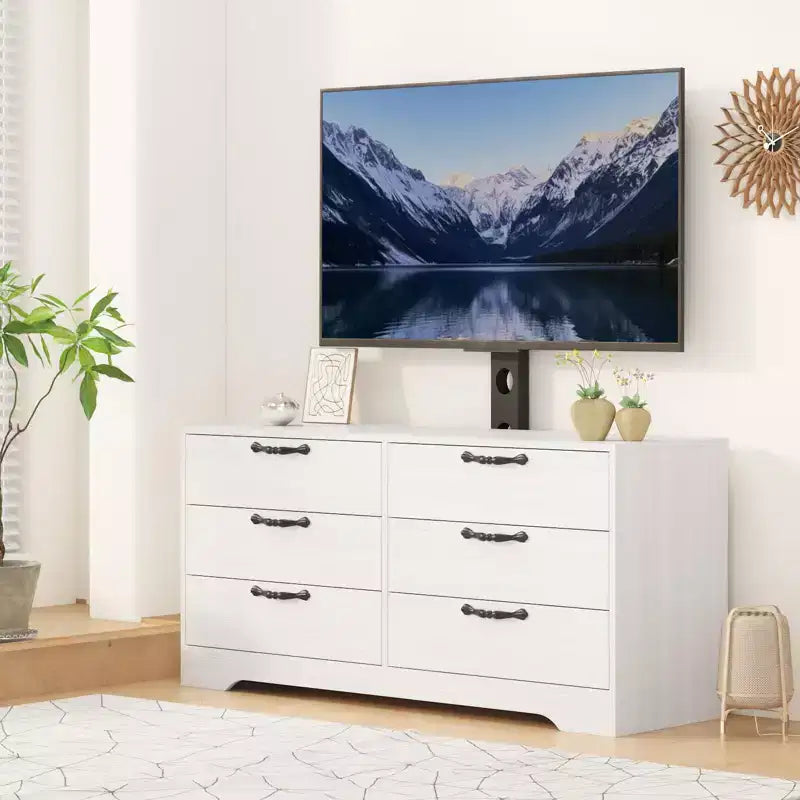 Mobile TV moderno da 63" con supporto per TV da 75 pollici, console multimediale regolabile in altezza a 6 cassetti, centro di intrattenimento robusto in MDF per soggiorno, camera da letto