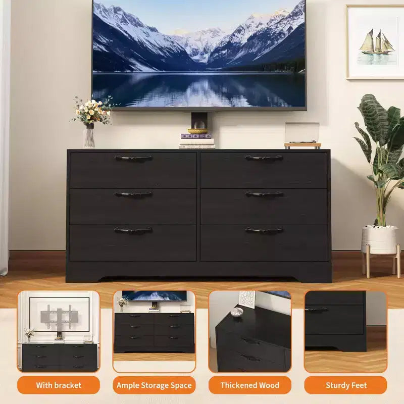Mobile TV moderno da 63" con supporto per TV da 75 pollici, console multimediale regolabile in altezza a 6 cassetti, centro di intrattenimento robusto in MDF per soggiorno, camera da letto