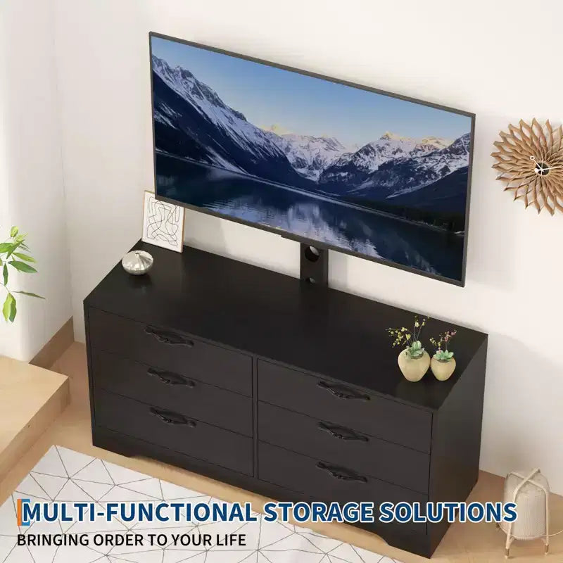 Mobile TV moderno da 63" con supporto per TV da 75 pollici, console multimediale regolabile in altezza a 6 cassetti, centro di intrattenimento robusto in MDF per soggiorno, camera da letto