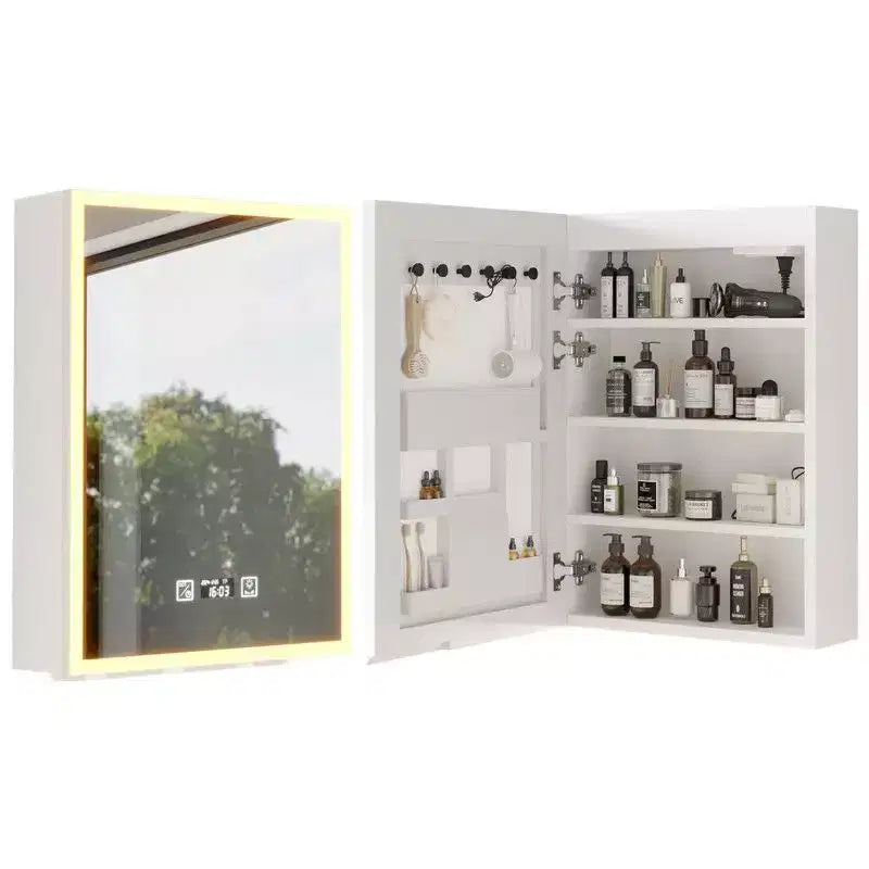 Specchiera a LED bianca con cornice in acrilico con display di ora e temperatura, illuminazione a tre colori, 2 prese e 2 USB