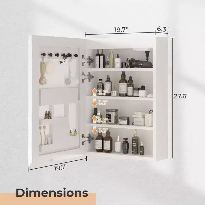 Specchiera a LED bianca con cornice in acrilico con display di ora e temperatura, illuminazione a tre colori, 2 prese e 2 USB