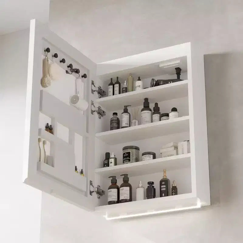 Specchiera a LED bianca con cornice in acrilico con display di ora e temperatura, illuminazione a tre colori, 2 prese e 2 USB