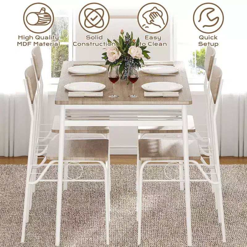Tavolo da pranzo da 7 pezzi per 6 persone, tavolo da cucina da 110 cm e sedie in legno con contenitore e schienale