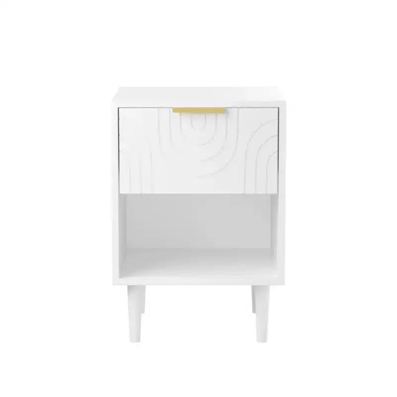 Comodino moderno da 57,99 cm con un ampio cassetto e ripiano aperto, maniglia decorativa dorata, per camera da letto e soggiorno, bianco
