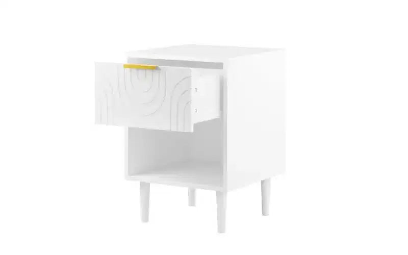 Comodino moderno da 57,99 cm con un ampio cassetto e ripiano aperto, maniglia decorativa dorata, per camera da letto e soggiorno, bianco